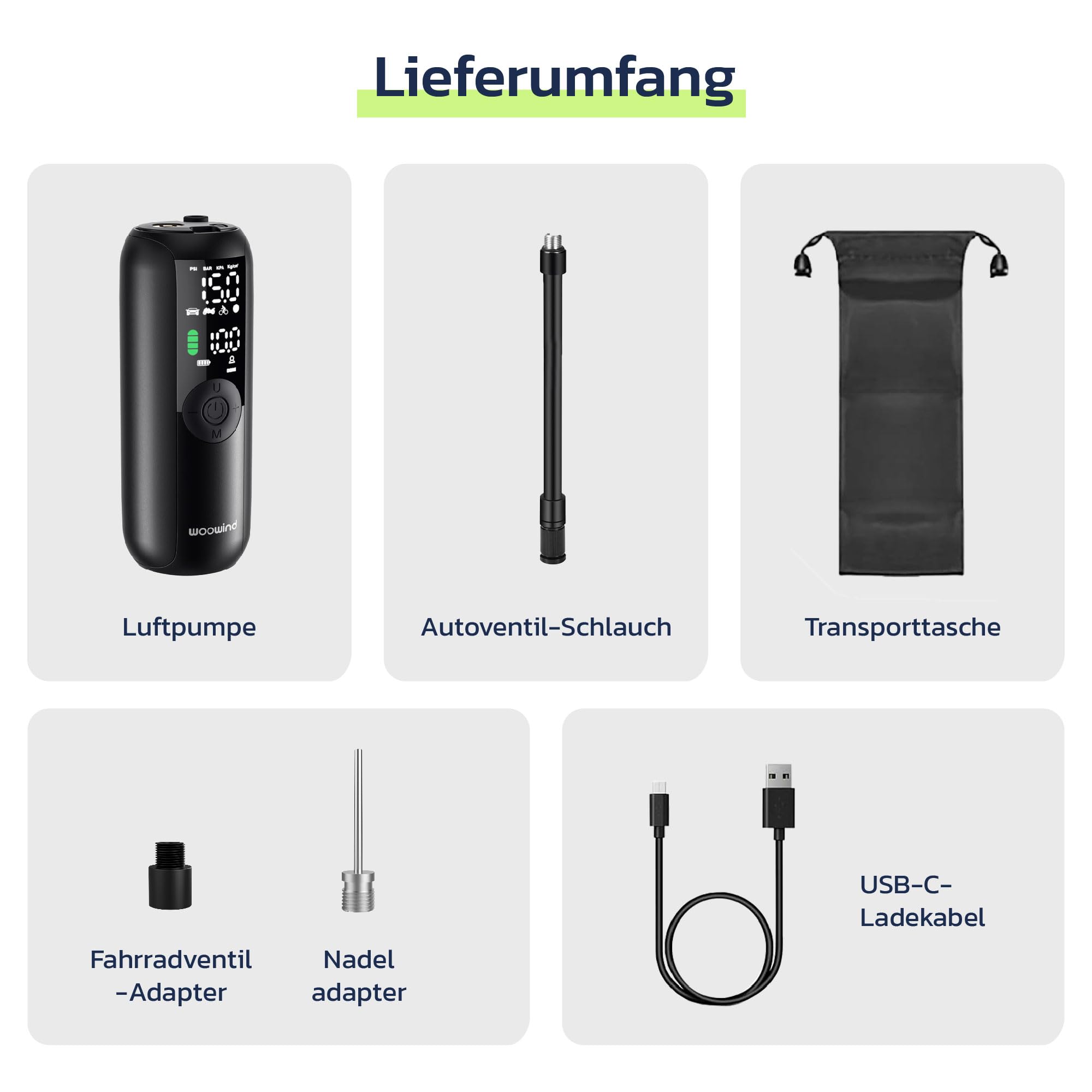Woowind LP1 Luftpumpe Fahrrad, Fahrradpumpe Elektrisch, 1-Minuten-Aufpumpen, 150PSI/10,3Bar Akku Kompressor, Elektrische Luftpumpe, Automatischer Abschaltung, LCD-Display, LED-Licht