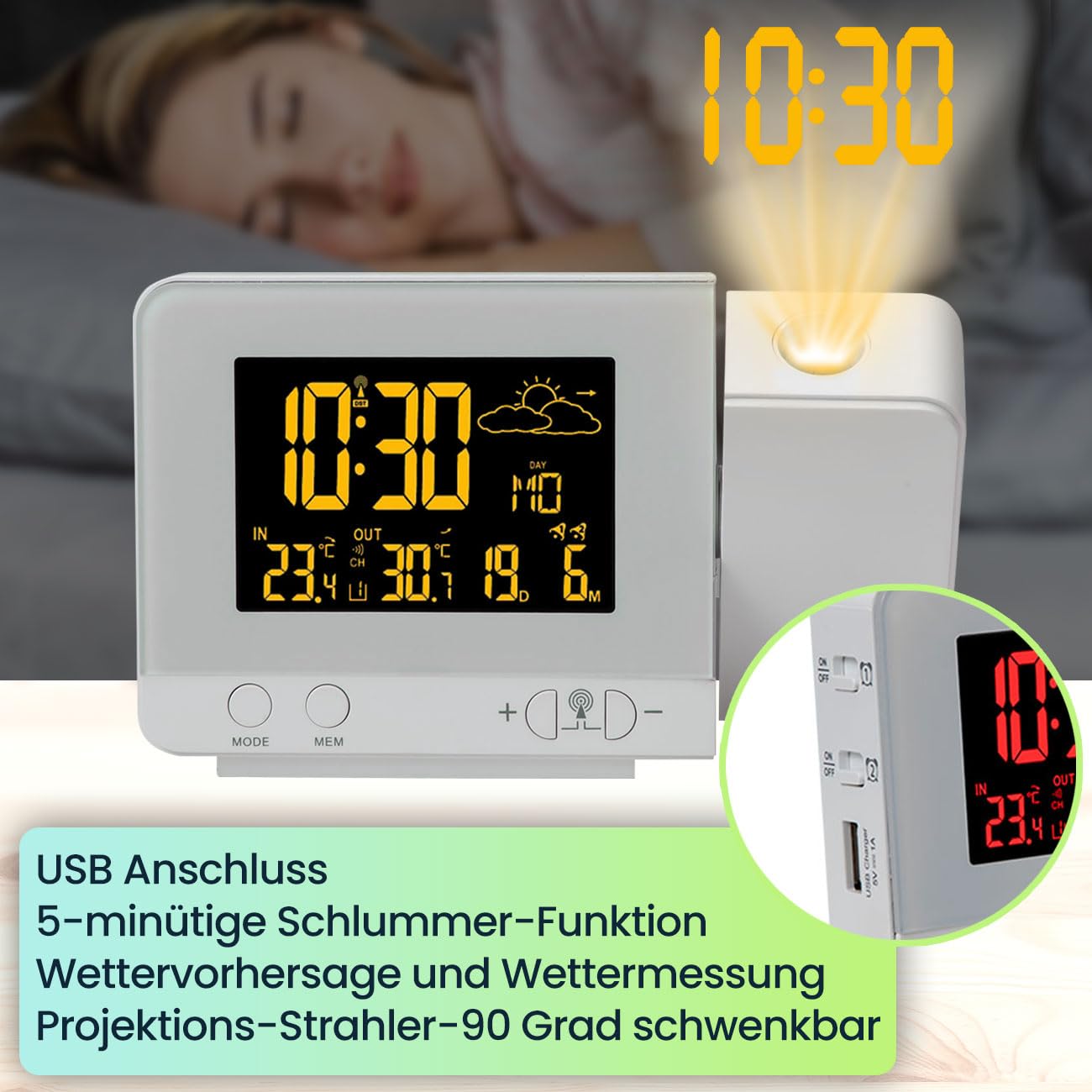 2-in-1 Projektionswecker & Funk-Wetterstation mit USB-Port – Wecker mit Aussensensor, projiziert Uhrzeit in 8 Farben an Wand & Decke