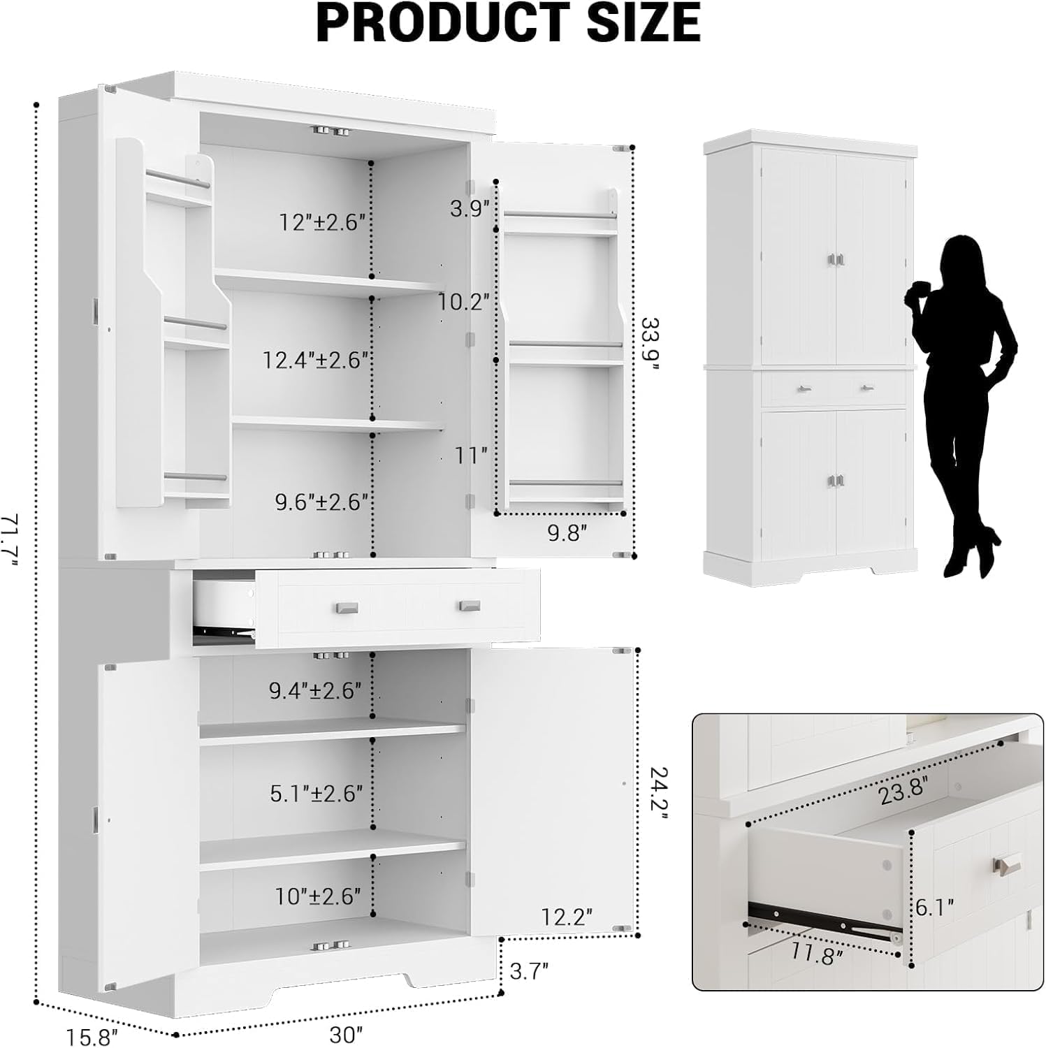 71.7 Inch Kitchen Pantry Cabinet,Freestanding High Cupboard Bathroom Storage Cabinet with 2 Drawer & Cabinets, 3 Adjustable Shelves, 6 Door Shelves,for Living Room, Kitchen White