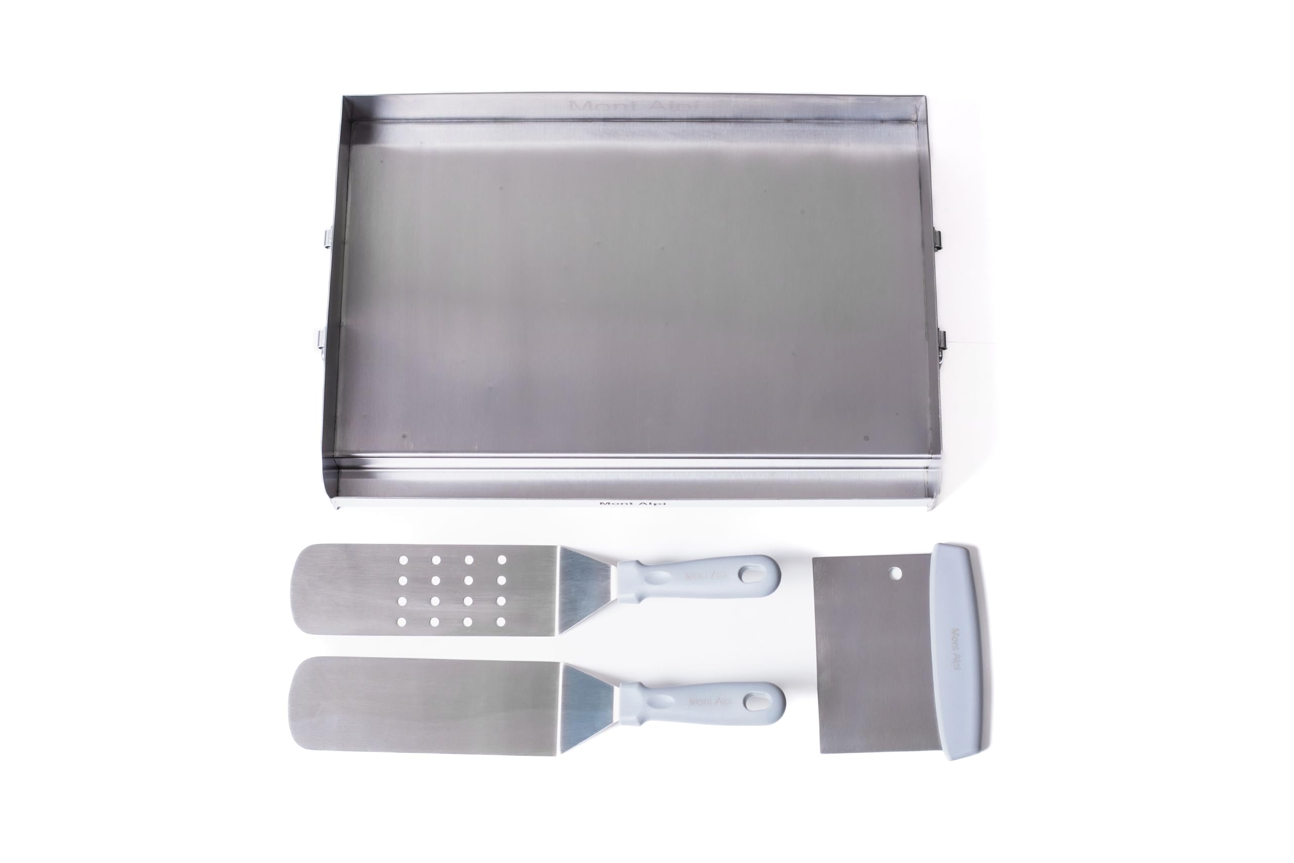 Mont AlpiMASHP Stainless Steel Universal Outdoor Barbecue Flat Top Griddle Converter Kit - Frying Pan with Grease Collection Zone, Teppanyaki Style Solid and Slotted Spatulas, Scraper BBQ Tool Set