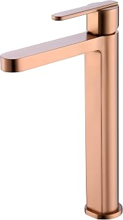 IMEX Monomando de Lavabo Alto SERIE ROMA – Grifo de Latón,Grifo Lavabo moderno, Cartucho Cerámico Ø28 mm TOP, Flexos 3/8". (Oro Rosa Cepillado)