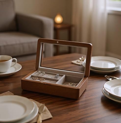 Miniatura 4 de Caja de almacenamiento de joyería de nogal con tapa de vidrio, organizador de joyas de madera multifuncional, interior de terciopelo suave, caja de