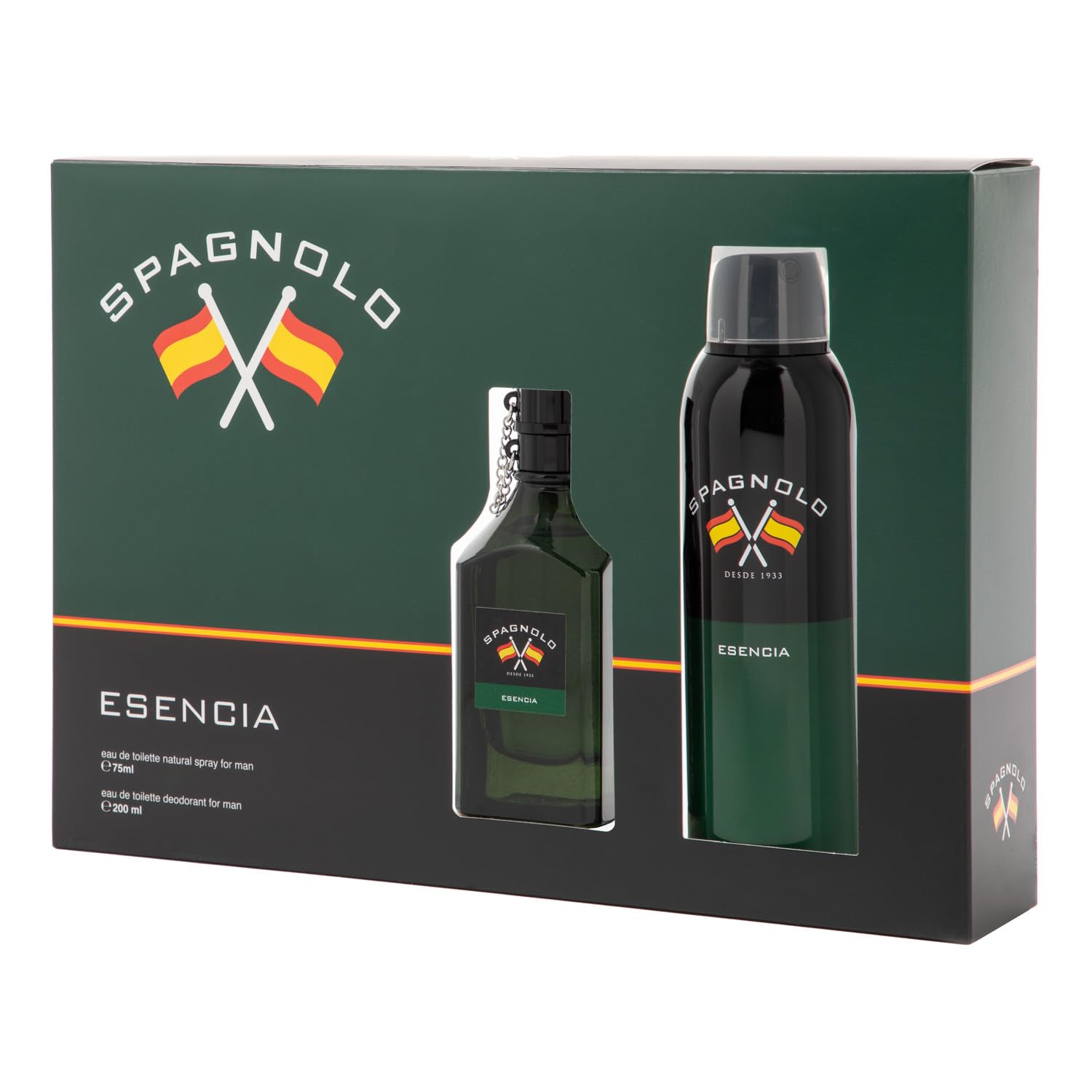 SPAGNOLO - Esencia, Estuche de Regalo Hombre, Colonia 75 ml + Desodorante en Spray 200 ml, Eau de Toilette Natural y Masculina, Aroma Fougère Amaderado, Fragancia Fresca, Desenfadada y Duradera
