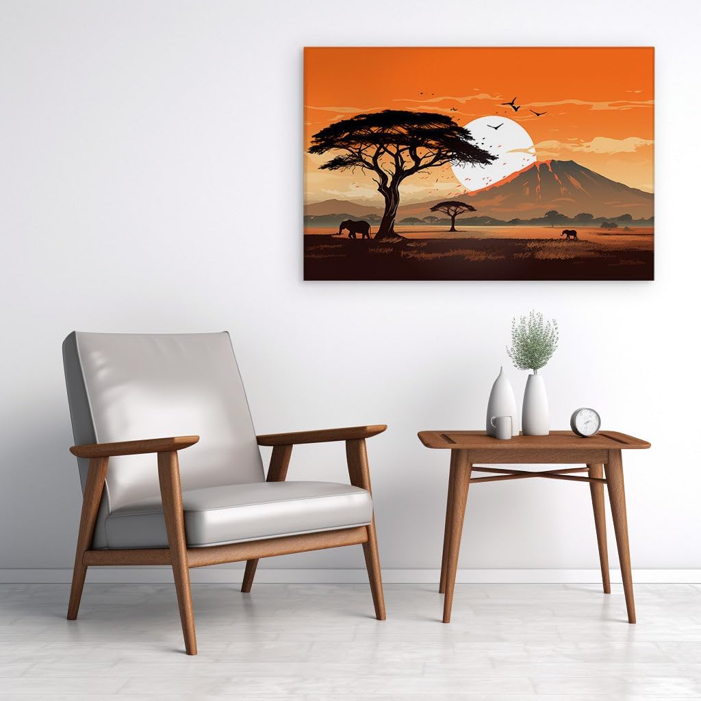 Canvas for Living room. Sundown Serenity: Elephants in the Warm Embrace of the African Savanna, 27 x 18 inch Canvas Wall Art - Ready to Hang