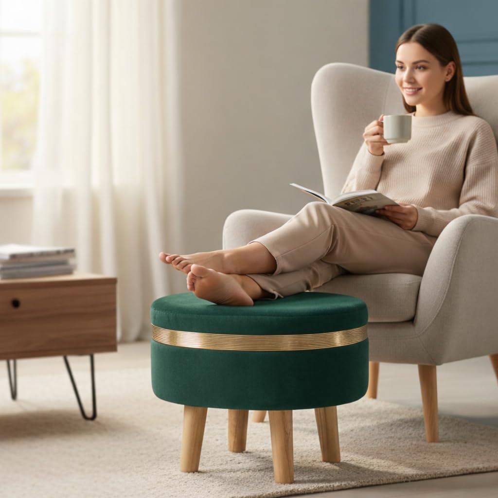 Smartkart Premium Velvet Ottoman Footstool with Golden Accent Ring | Solid Wood Legs | Anti-Slip Feet | Multipurpose Footrest, Seating & Décor, 16x12x12 Inch, (Green)-image-32