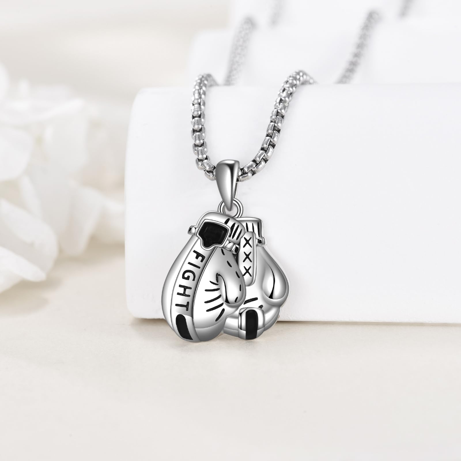 Collana in argento sterling "Never Give Up" con ciondolo guantoni da boxe, regalo per uomini