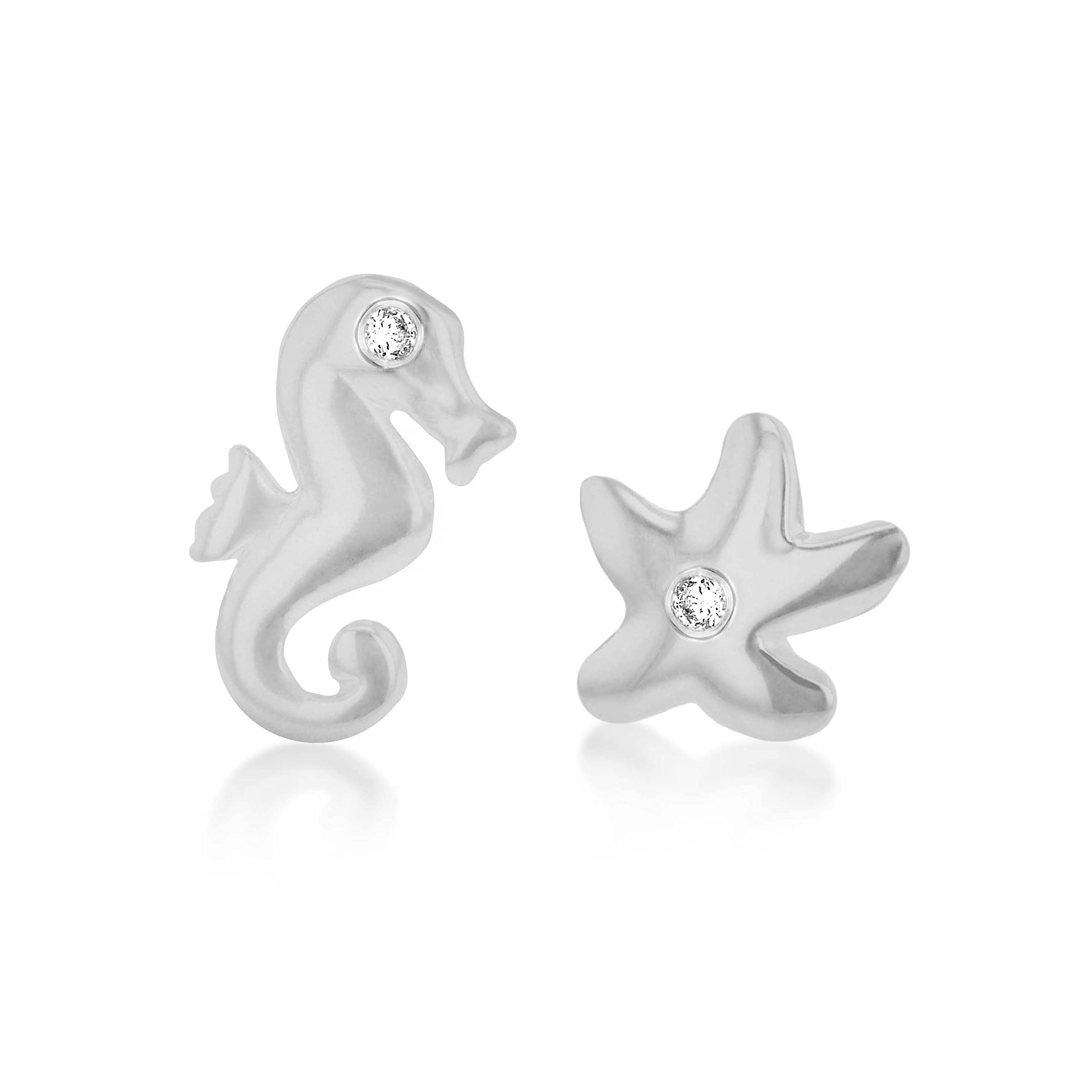 Tuscany Silver Pendientes de Botón Asimétricos 'Estrella de Mar y Caballito de Mar' para Mujer en Plata de Ley (925) con Circonita