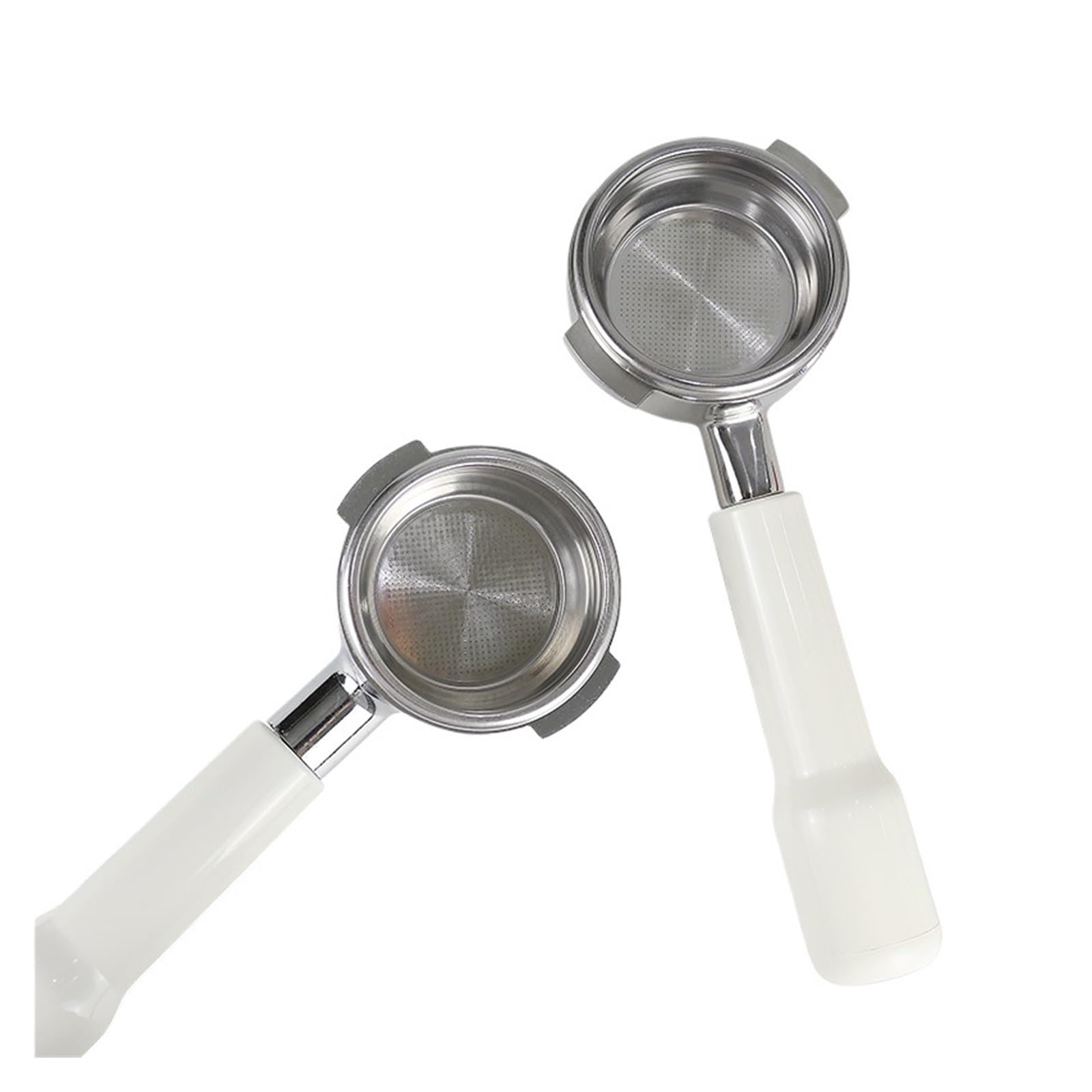 Portafiltro sin Fondo de Acero Inoxidable de 58 mm, portafiltro E61 con Mango Blanco, Compatible con Accesorios para máquinas de café Profesionales (58 mm).
