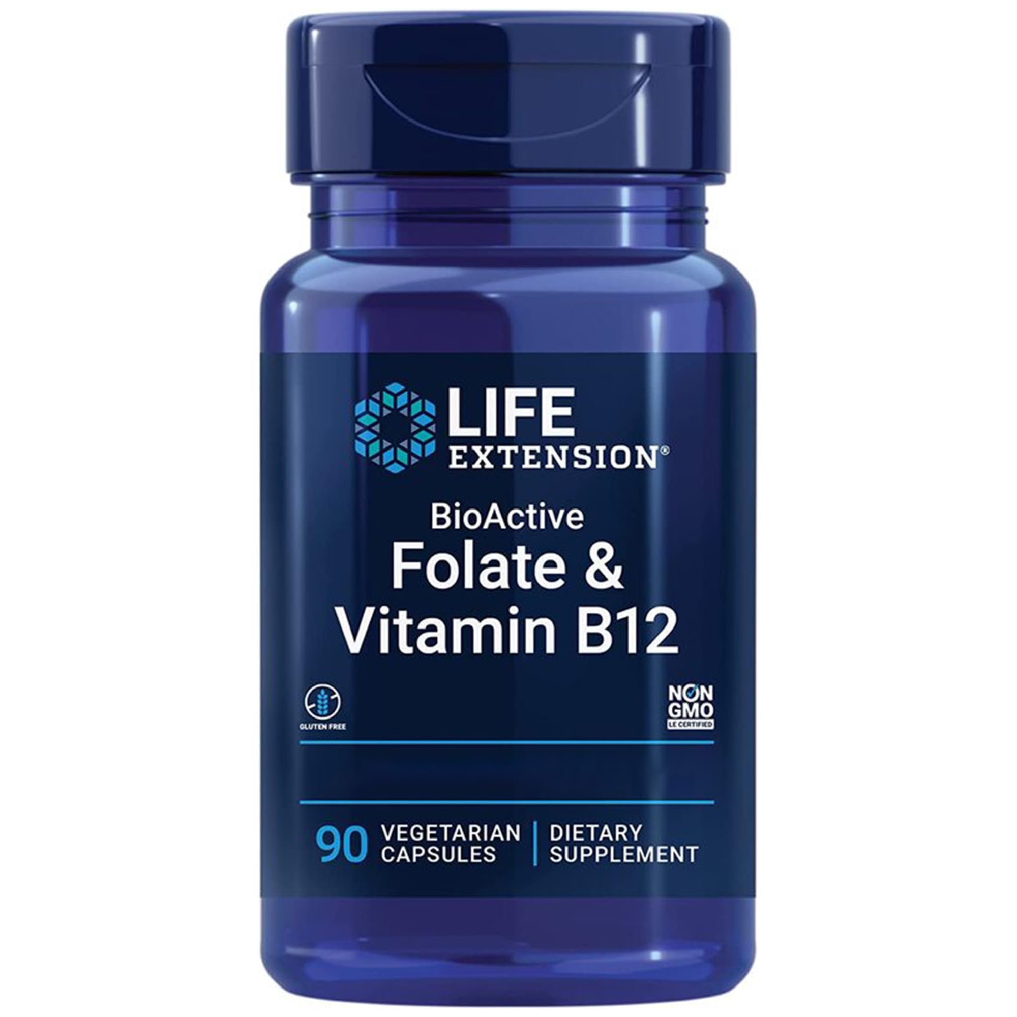 Life Extension, Bioactive Folate & Vitamine B12, Hautement Dosé, 90 Capsules végétaliennes, Végétarien, Sans Gluten, Sans Soja, Sans OGM