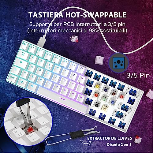 RK61 Tastiera Gaming Meccanica, 60% Tastiera Wireless 2.4Ghz/Bluetooth/USB-C RGB Backlit Interruttore Rosso Hot Swap Double-Shot ABS Keycaps Compatibile con Win/Mac, Bianco (QWERTY Layout Italiano) - Tastiera gaming - Immagine 2