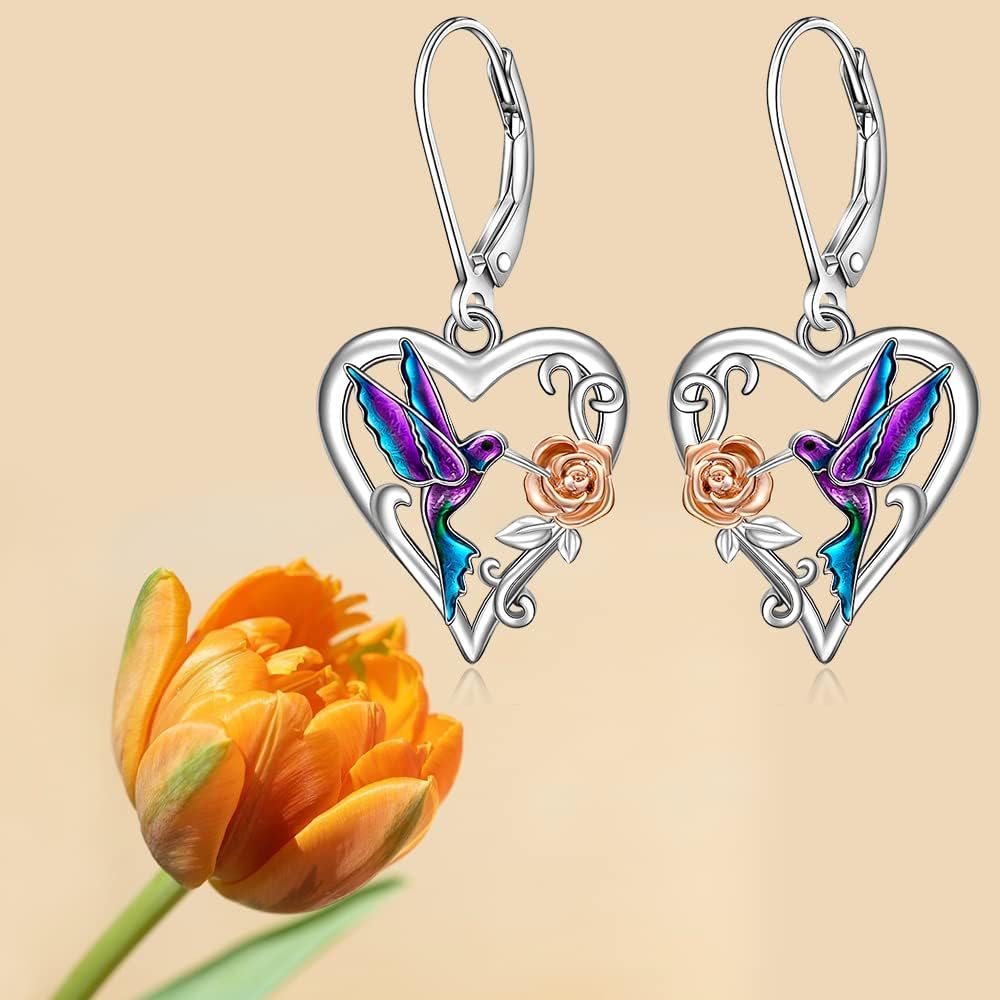 Hummingbird Earrings for Women Purple Hummingbird Earrings Dangle Sterling Silver 925 Cute Heart Bird Flower Jewelry Christmas Mothers Day Gifts - Image 9