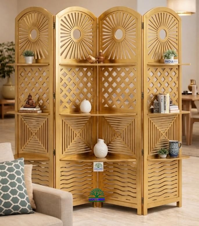 Image of 4 Panel Wooden Room Partition Divider with Decorative Display Shelves | Foldable Privacy Screen for Living Room, Hall, Office & Bedroom | Elegant Gold Finish Home Decor