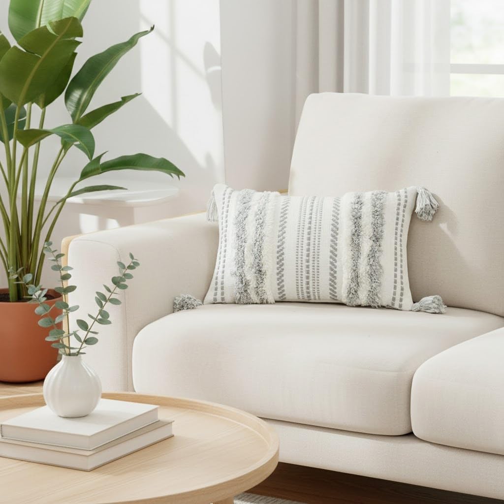 decorUhome Summer Decorative Boho Throw Pillow Cover 20x20, Accent Neutral Textured Tufted Pillow Cover Striped for Couch Bed Sofa, Grey and Cream White, Pack of 1