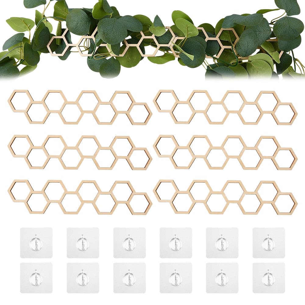 FINGERINSPIRE 6Pcs Wooden Honeycomb Plant Trellis 255x60x4mm Hexagon Hanging Plant Support Geometric Wall Trellis with 12 Pcs Self-Adhesive Hooks for Climbing Plants Indoor Outdoor Balcony Patio Decor