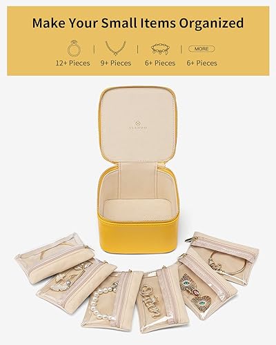 Miniatura 3 de Vlando Joyero de viaje, pequeña bolsa de joyería con 6 bolsillos de terciopelo con cremallera, organizador de joyería de piel sintética para mujeres