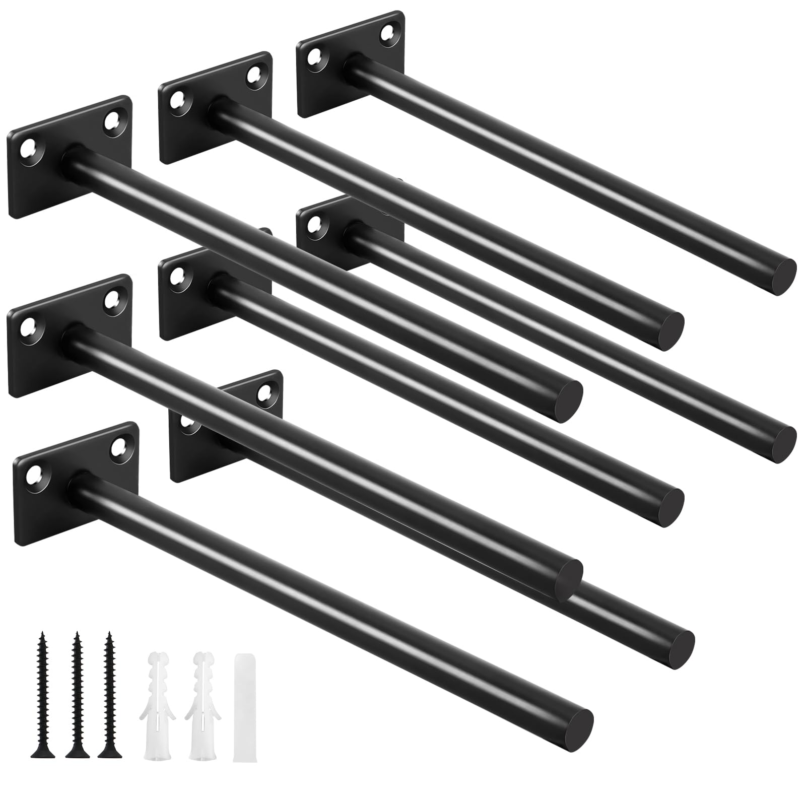 8 Pcs 8" Black Solid Steel Floating Shelf Bracket Blind Shelf Supports - Hidden Brackets for Floating Wood Shelves - Concealed Blind Shelf Support – Screws and Wall Plugs Included