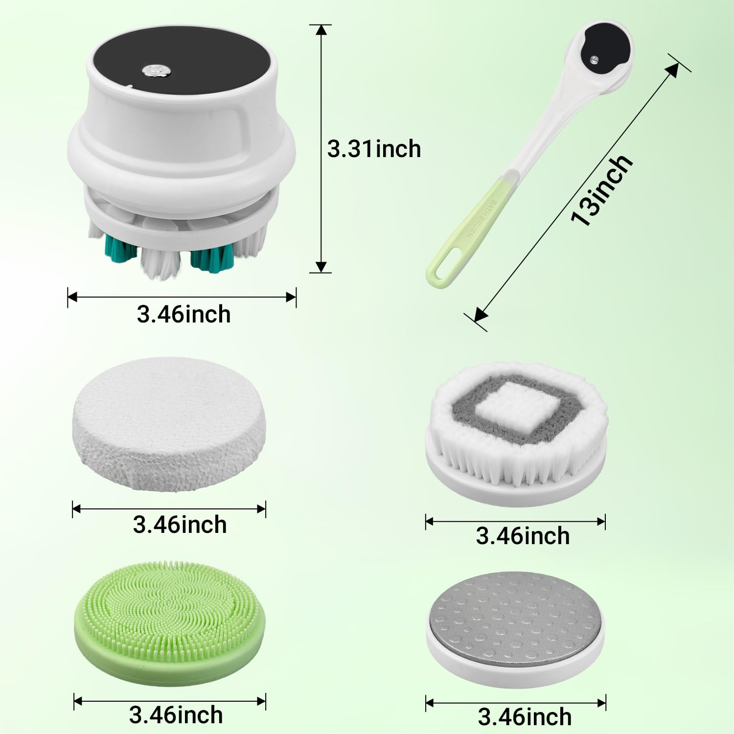 Rückenschrubber, Elektrischer Körperschrubber, Trockenbürste, IPX6 wasserdichte Körperbürste Wiederaufladbare USB-Aufladung mit Greenandle, Lotion-Applikator für Rücken, Grün