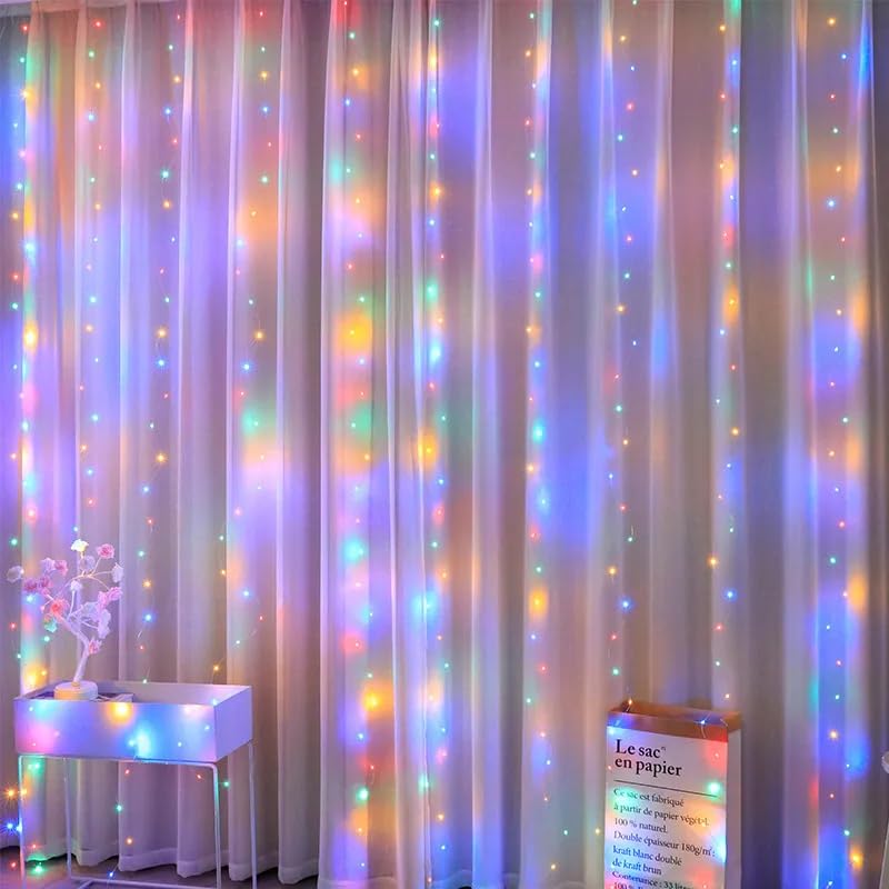 Image of 300 LED Warm White Fairy Curtain Lights - 3m USB Plug-in String Lights with Remote Control, 8 Modes for Indoor /Outdoor Use - Perfect for Bedroom, Weddings, Parties, and Holiday Decor (2, Colourful)