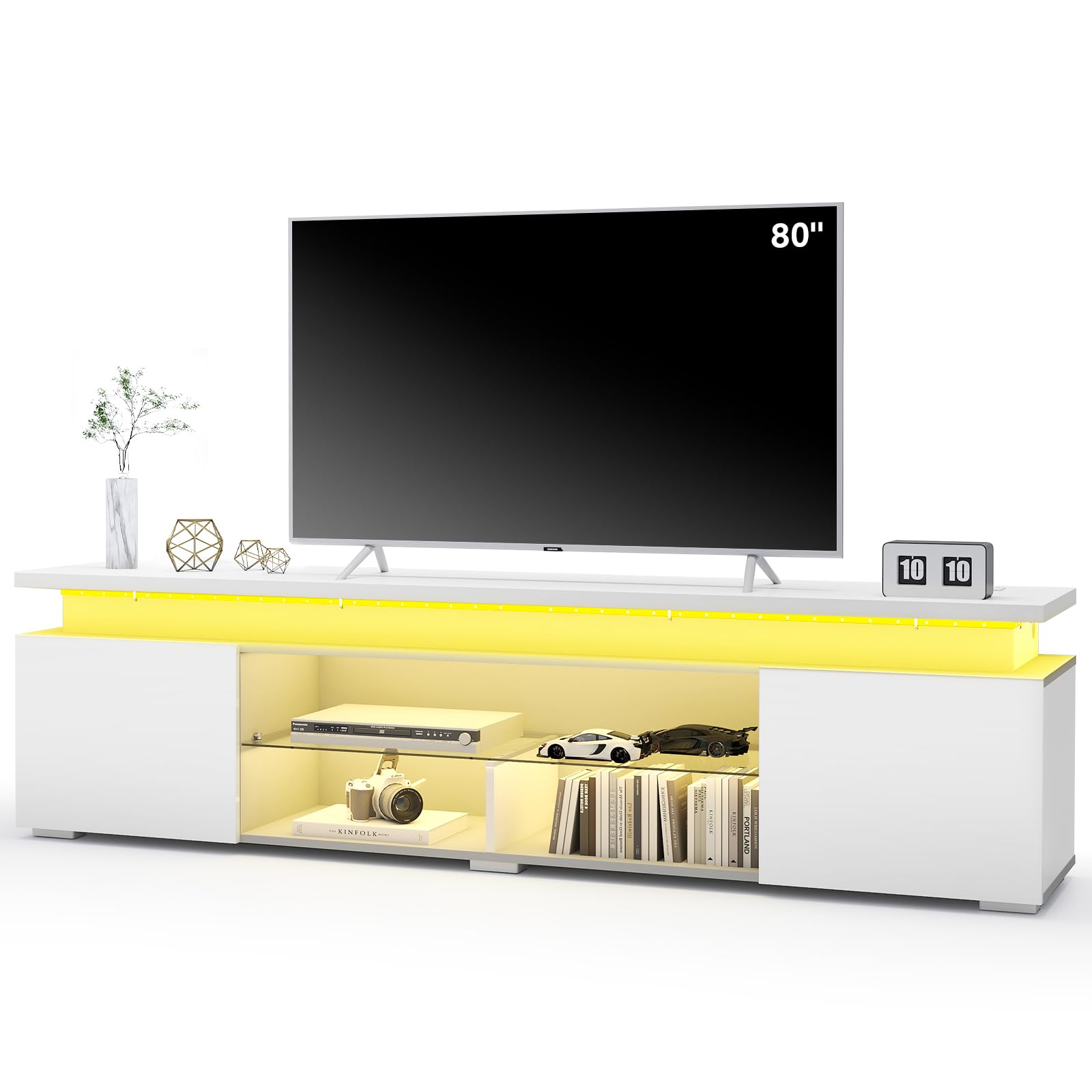 Redkey Modern TV-Stand with Light - Television Stands for 70 75 80 Inch TVs - Entertainment Center with Storage Cabinet for Bedroom Living Room - Open Glass Shelves - 2AC Outlet - White