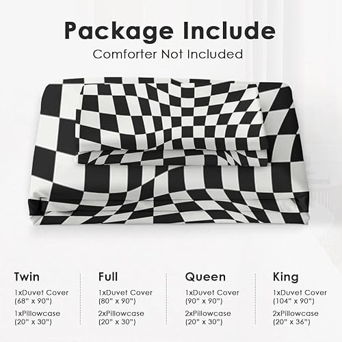 Miniatura 6 de Juego de funda de edredón tamaño Queen, diseño geométrico a cuadros con cierre de cremallera para niños y adultos, funda de edredón de ajedrez negro