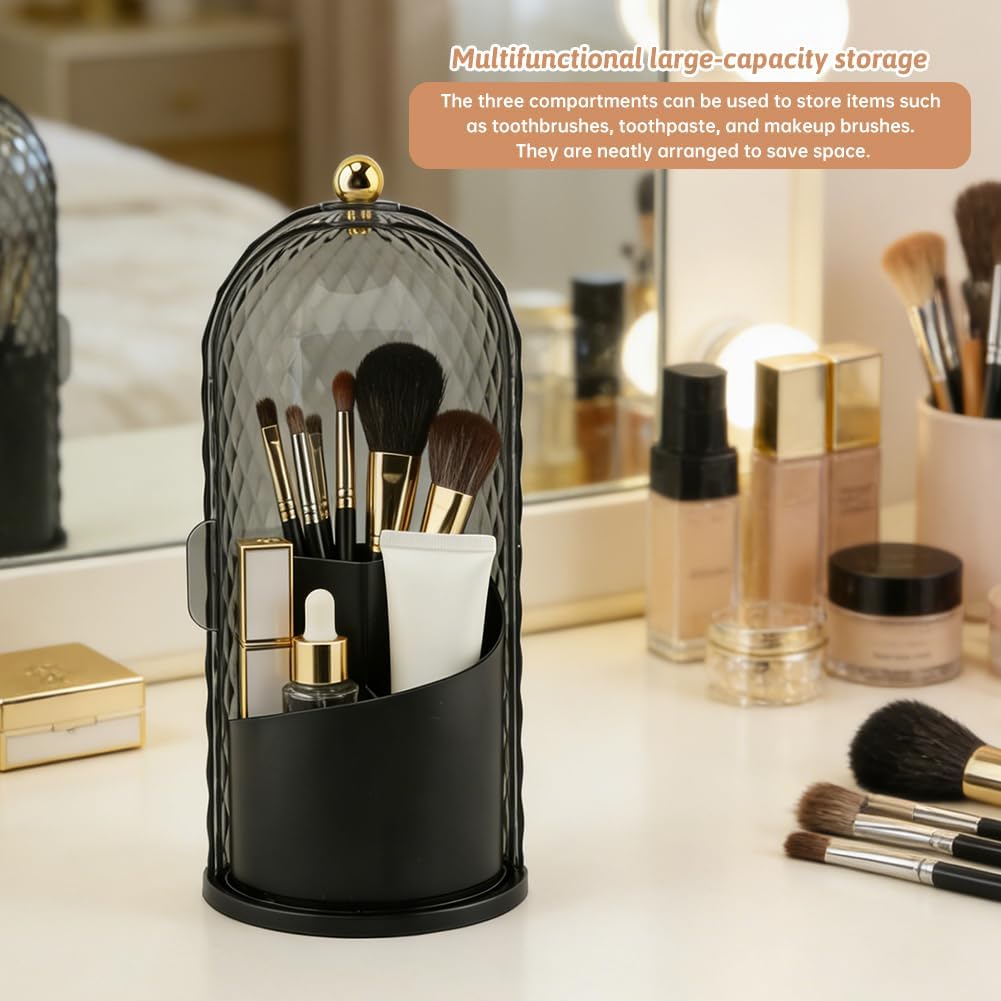 Makeup Brush Holder with Lid, 360 Rotating Dustproof Waterproof Sliding Opening Storage Box, Multifunctional Toothbrush Holder with 3 Compartments for Organized Storage