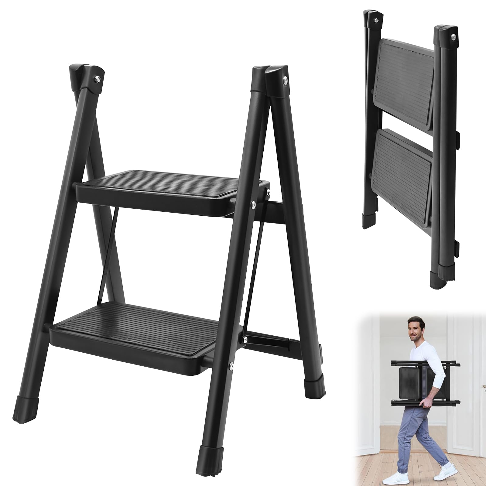 Marchepied Pliable En Acier - Capacité 150 Kg, 1 Marche, Antidérapant - Pour Cuisine, Rangement, Enfants (48x30 Cm Ouvert)