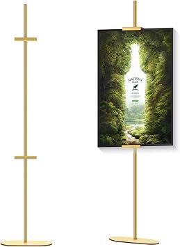 Adjustable Easel Stand for Picture Frames, Holds Frames Up to 64" Tall - Sturdy Metal Floor Easels for Art, Signs, Photos | for Home, Office, Gallery Display Golden