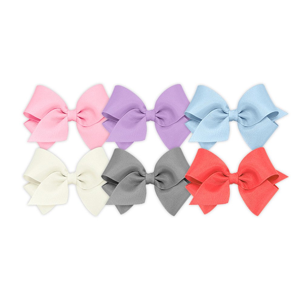 Wee Ones Girls' 6 Piece Set of Bows, Solid Grosgrain Variety Pack on a WeeStay No-Slip Hair Clip, Small, Pearl Pink, Light Orchid, Millennium Blue,