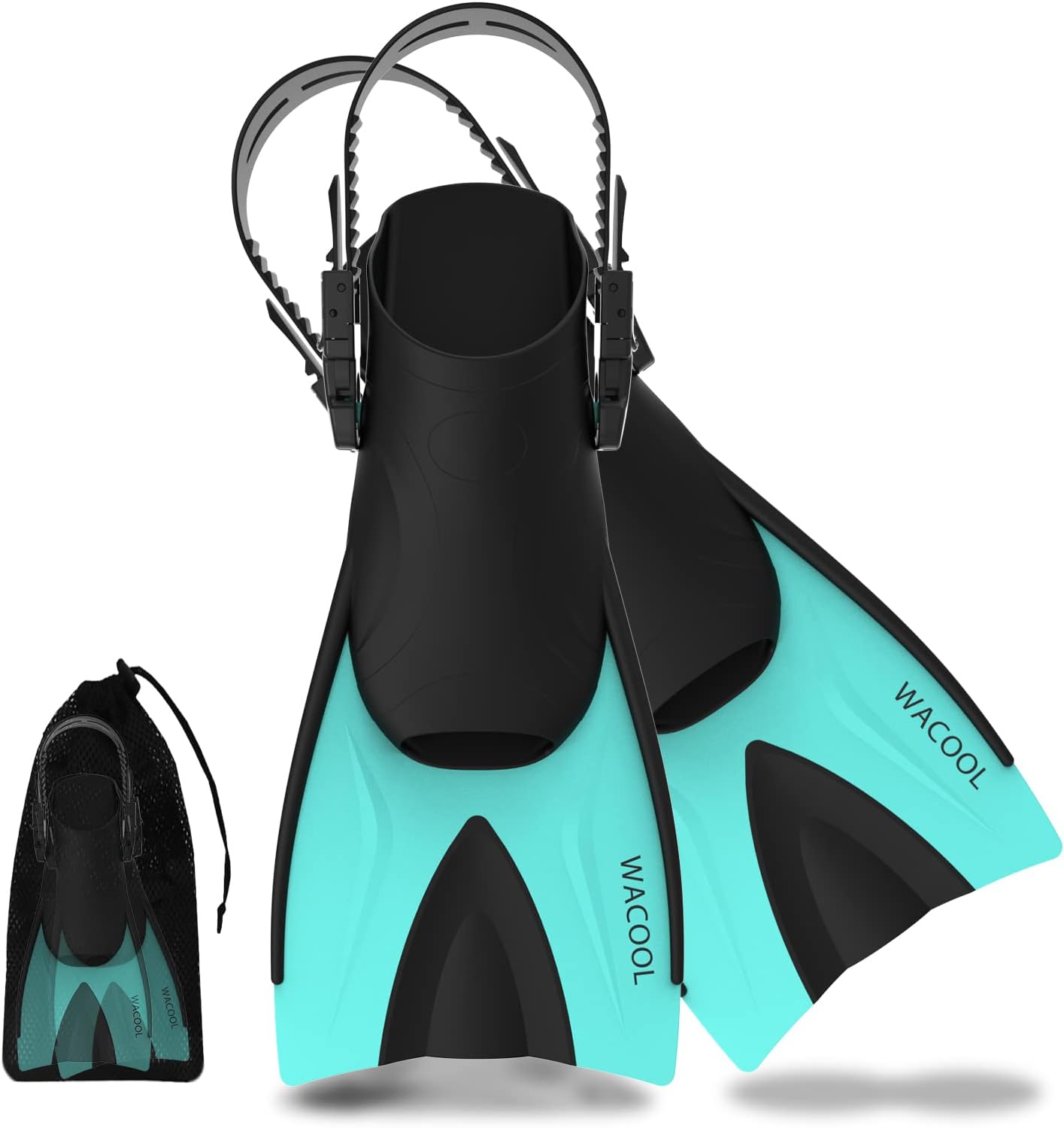 WACOOL Adult Short Light Adjustable Travel Size Fins Short Blade Fins Flippers for Snorkeling Diving Scuba Swimming Training (Malachite Green,S-M)