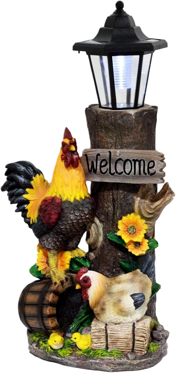 Ebros Country Farm Rooster Hen and Chicks Family by Sunflowers Solar LED Light Lantern Welcome Sign Statue Path Lighter 18.25" Tall
