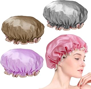 WUBAYI 4Pack Shower Caps, Double Layer Shower Hats with Elastic Band, Reusable Waterproof Bath Caps for Men & Women, Perfect Shower Caps for All Hair Lengths With Ruffled Edge Covering Ears