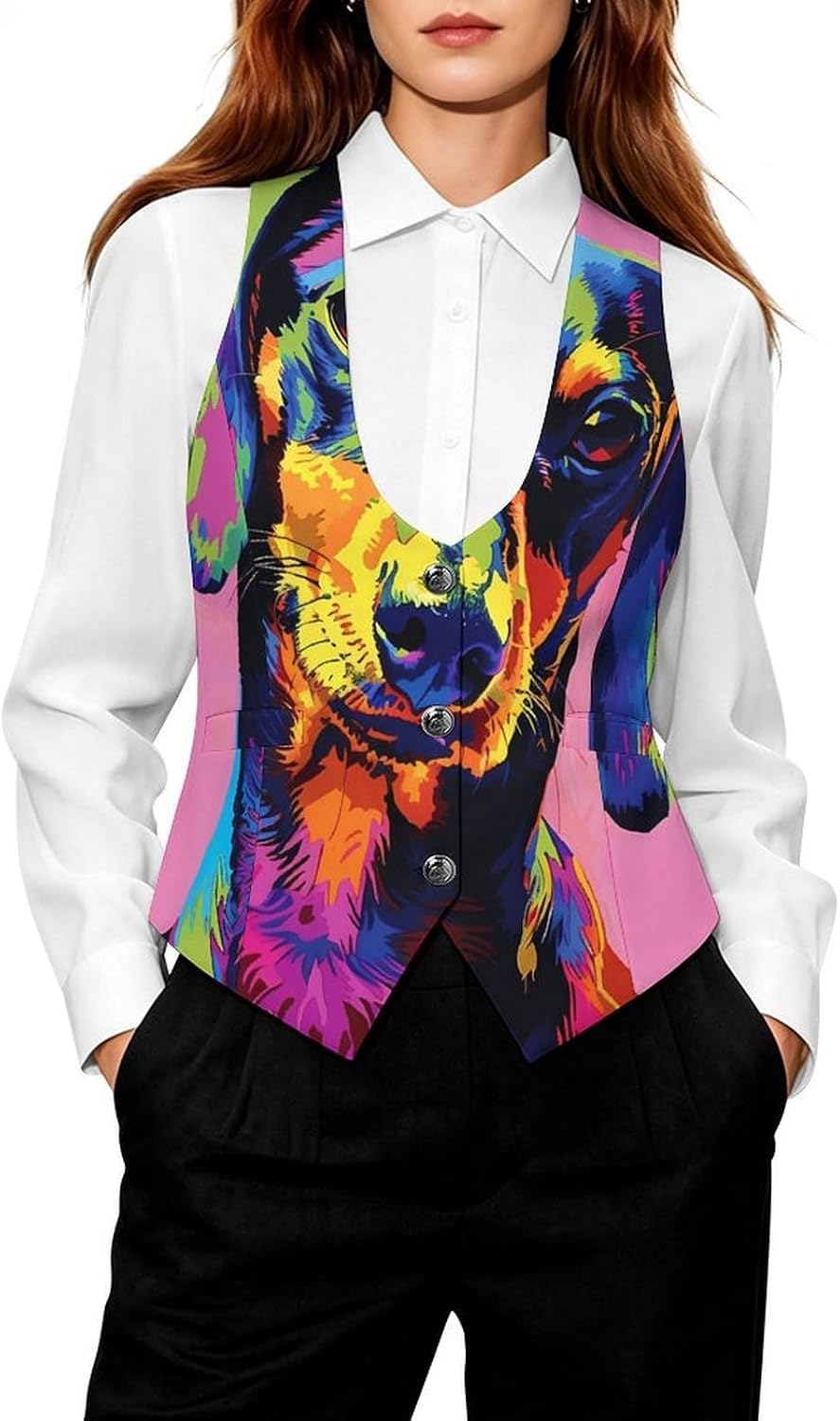 Colorful Dachshund Dog Pop Art Women's Tuxedo Waistcoat Suit Vest | 3 Button V-Neck Slim Fit Casual Sleeveless Top