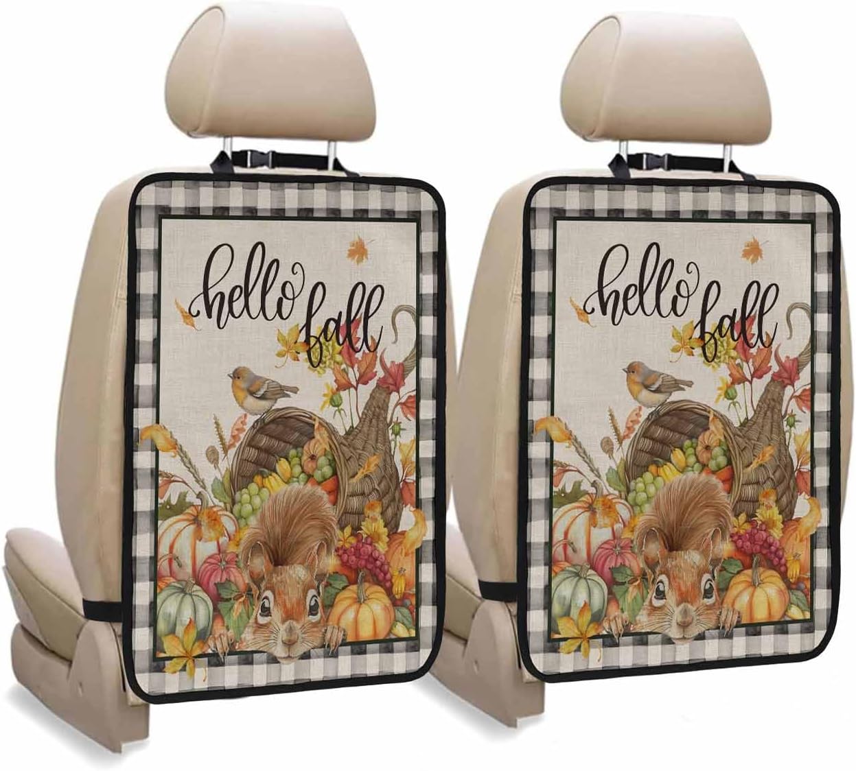 Car Seat Protector, 2 Pack Kick Mats with Organizer 3 Pocket Storage, Fall Thanksgiving Day Pumpkins Squirrel Black Buffalo Plaid Back Seat Cover for Kids Universal Fit Automotive Interior Protectors