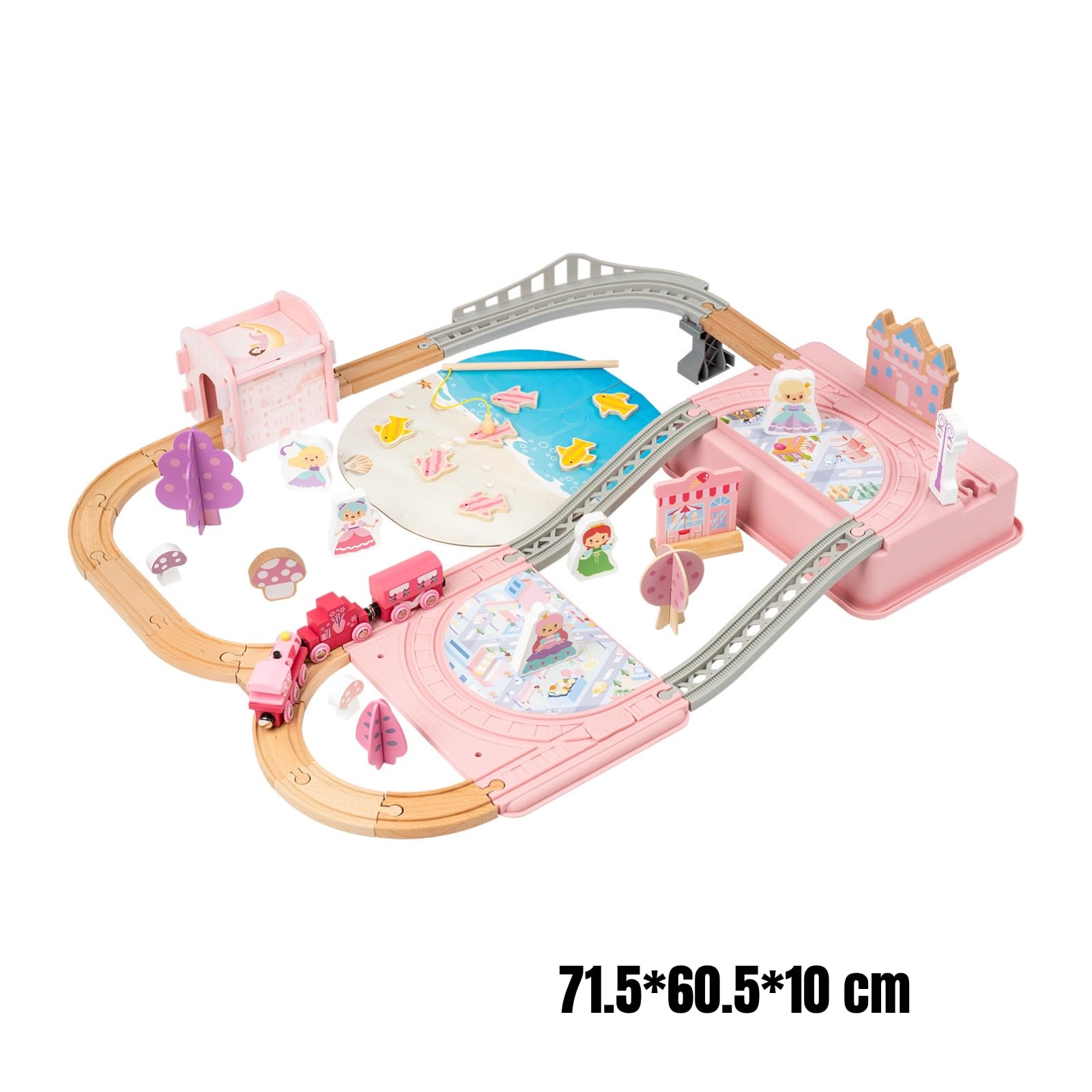 Kinder Aufbaustrecke Holz Eisenbahnset Spielbahn Kinderzug Spielset Holzstrecke Zum Zusammenstecken mit Brückenabschnitten Und Märchenszene für Freies