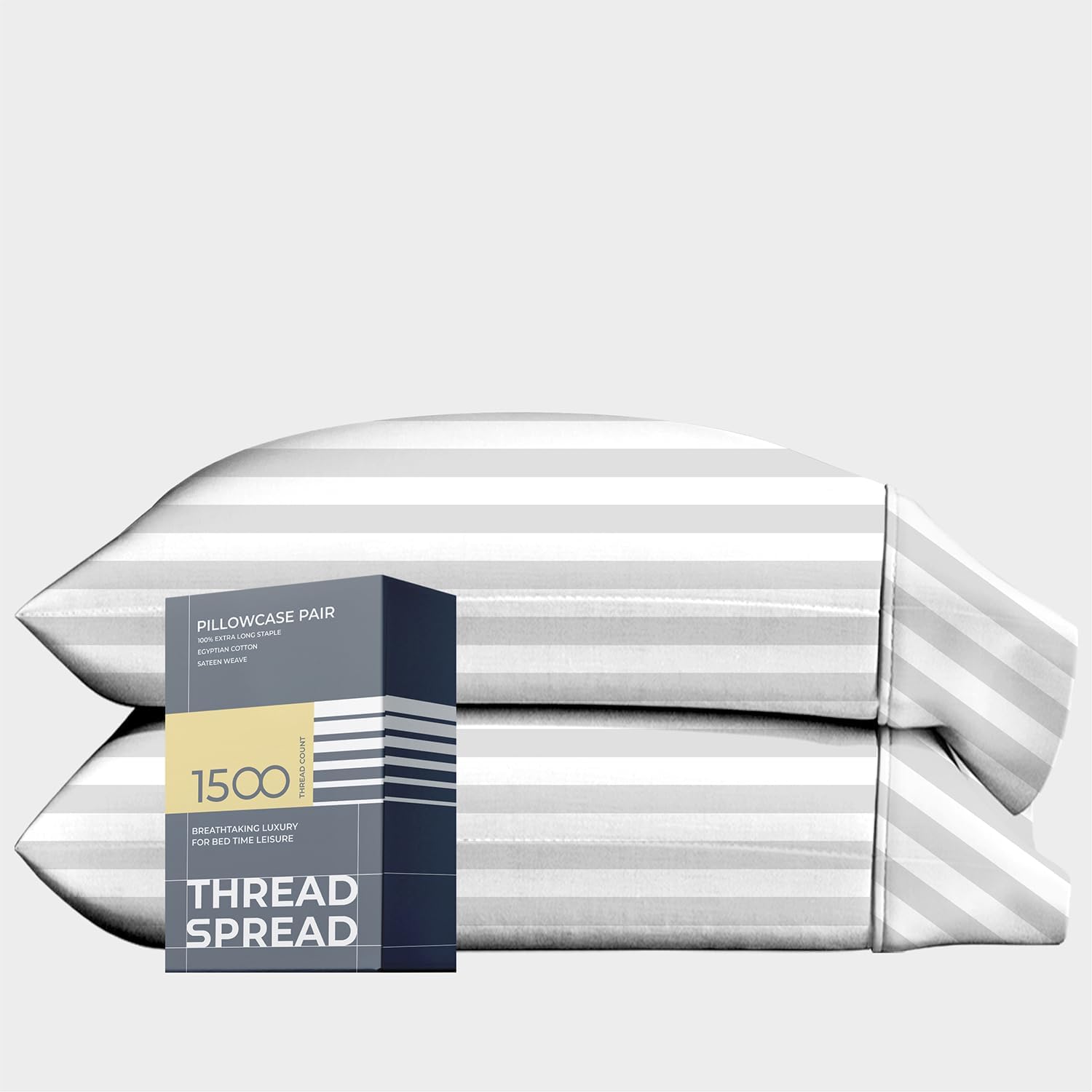 Thread Spread 100% Egyptian Cotton Pillow Cases Standard/Queen Size Set of 2 - Luxury 1500 Thread Count Sateen White Stripe Pillow Cases, Soft Cotton Pillowcases Fits Standard & Queen Pillows