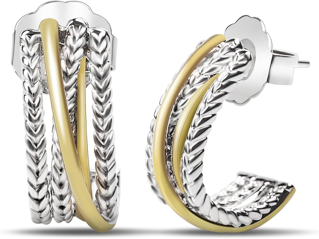 18K Gold Plated Twisted Cable Hoop Earrings Designer Inspired Two Toned C Hoop Earrings for Women Gift