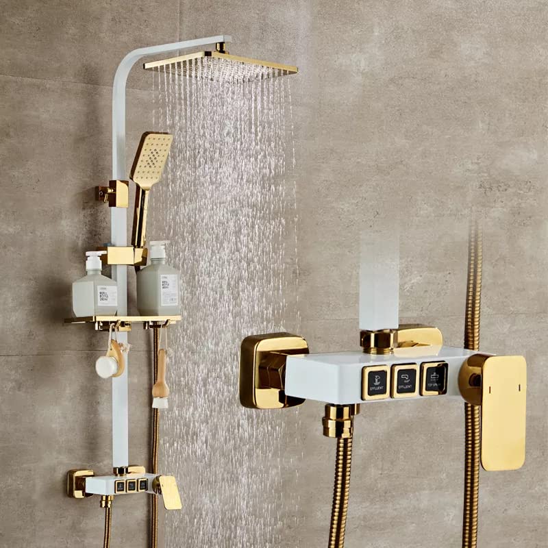 Luxury Shower Panel 3 in 1 Wall Mixer Single Lever Shower Panel, + Hand shower + overhead Square Shower (White Gold 3)