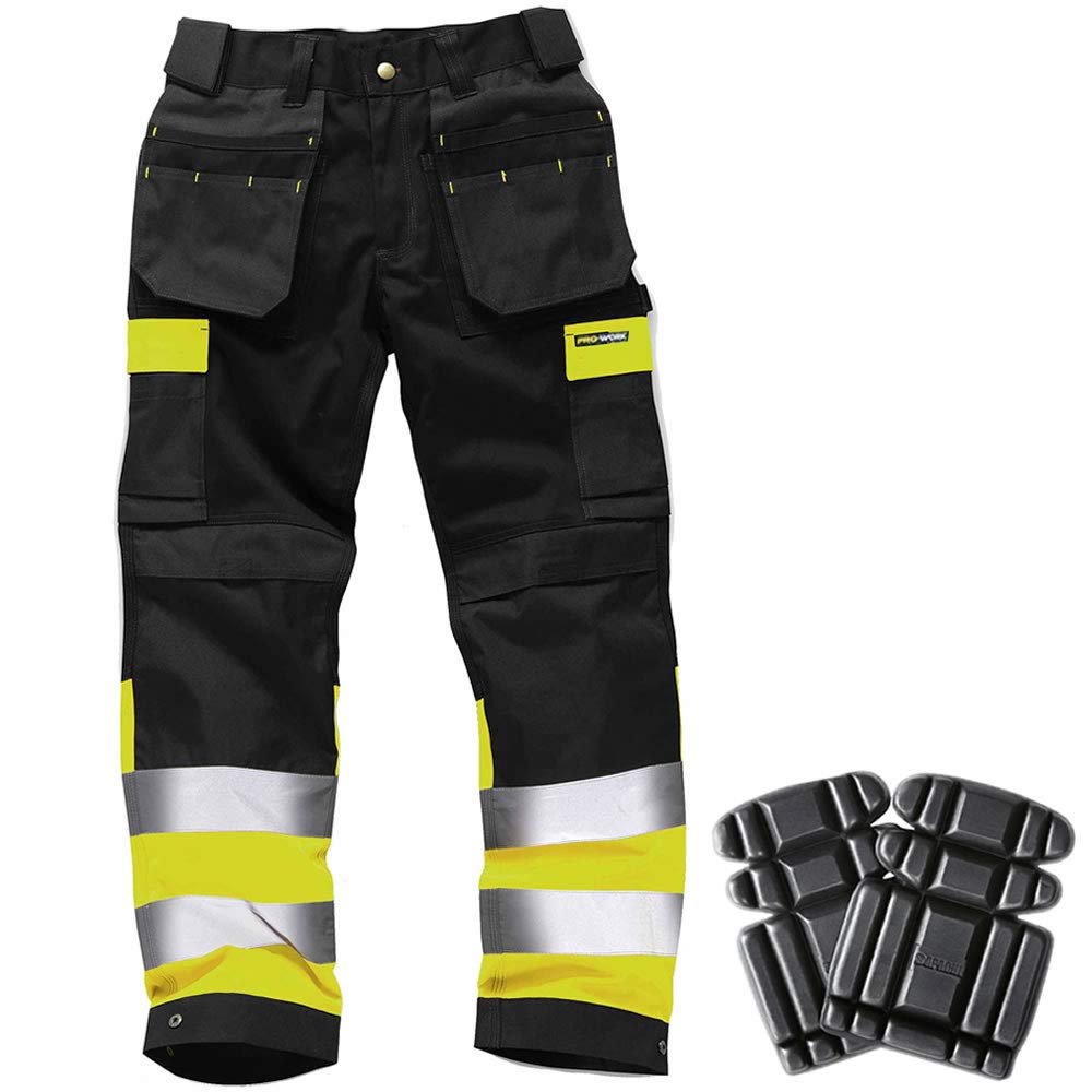 WK010 HI Vis - Rodilleras (Incluye Pantalones de Trabajo en Contraste Negro y Amarillo) Negro/Amarillo 34W/Pata Regular