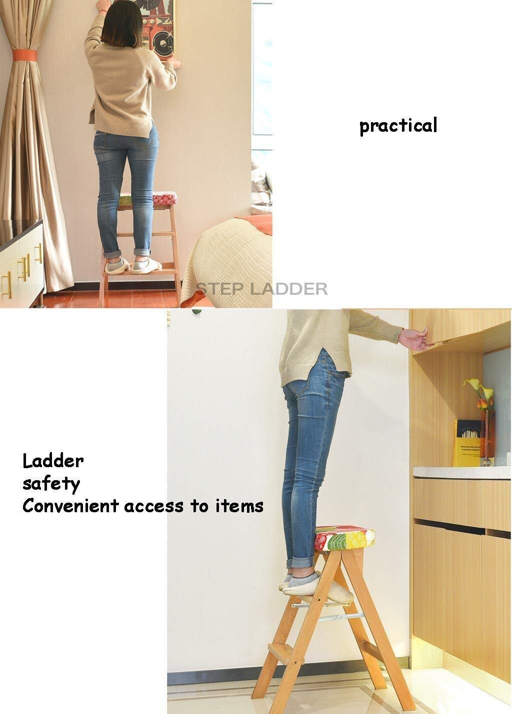 Escalera de Tijera/Escalera/Silla Plegable de 3 peldaños, Silla salvaescaleras de Madera Taburete extendido Cojines de Asiento Taburete Alto para Herramientas de jardín Altura 65 cm Uso Inte