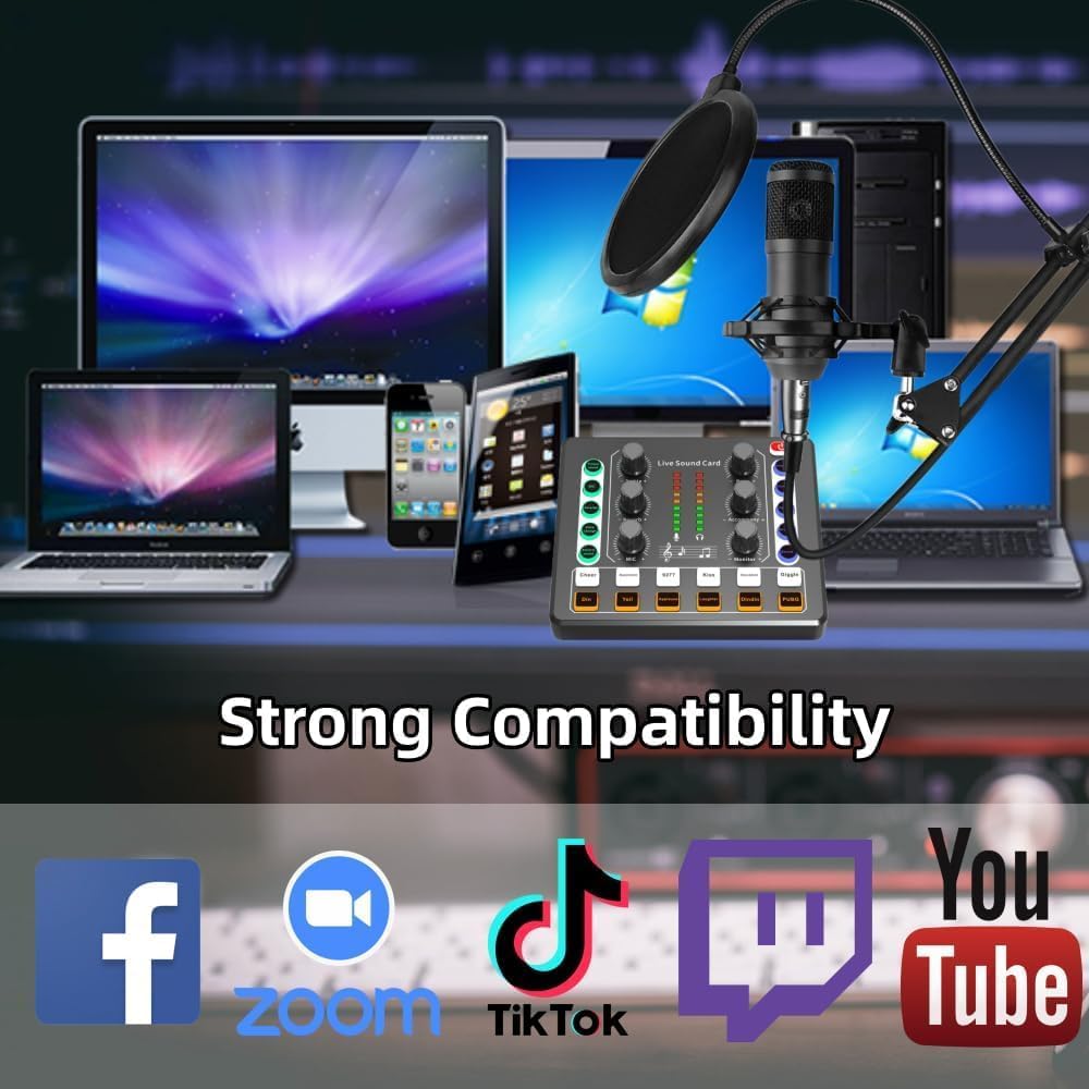 Podcast Equipment Bundle, BM-800 Podcast Microphone Bundle-Voice Changer with live Sound Card-Studio Condenser Microphone for Phone, PC, DJ, Perfect for Recording, Singing, Streaming and Gaming