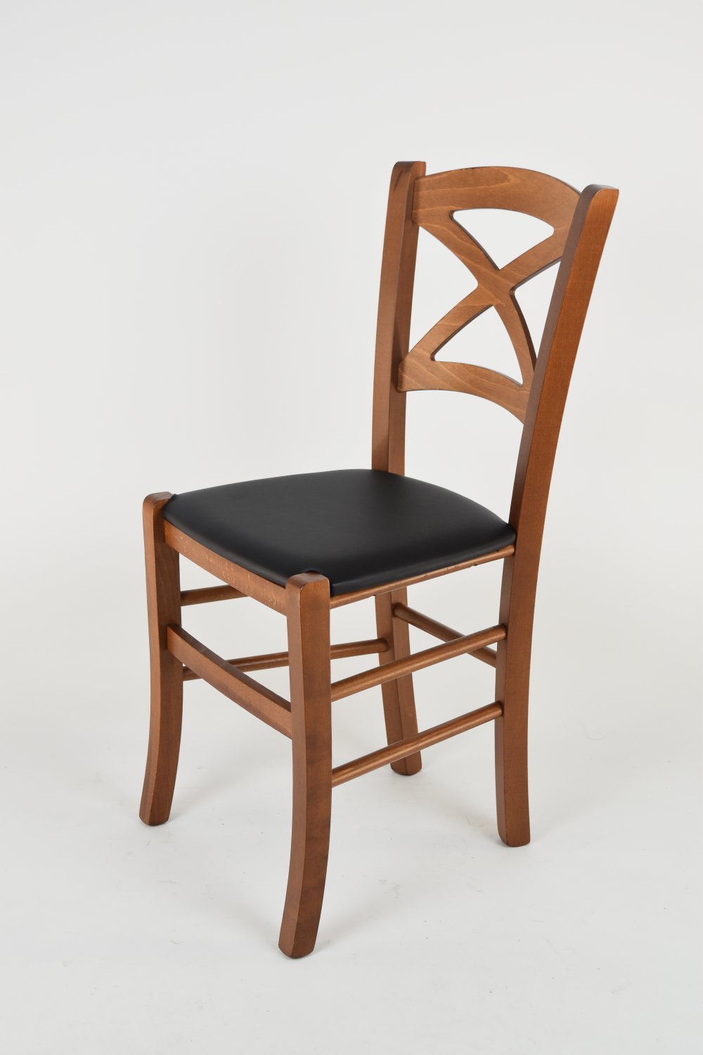 Tommychairs - Set 4 chaises CROSS pour cuisine, bar et salle à manger, robuste structure en bois de hêtre peindré en couleur noyer clair et assise rembourrée et revêtue en cuir artificiel couleur noir