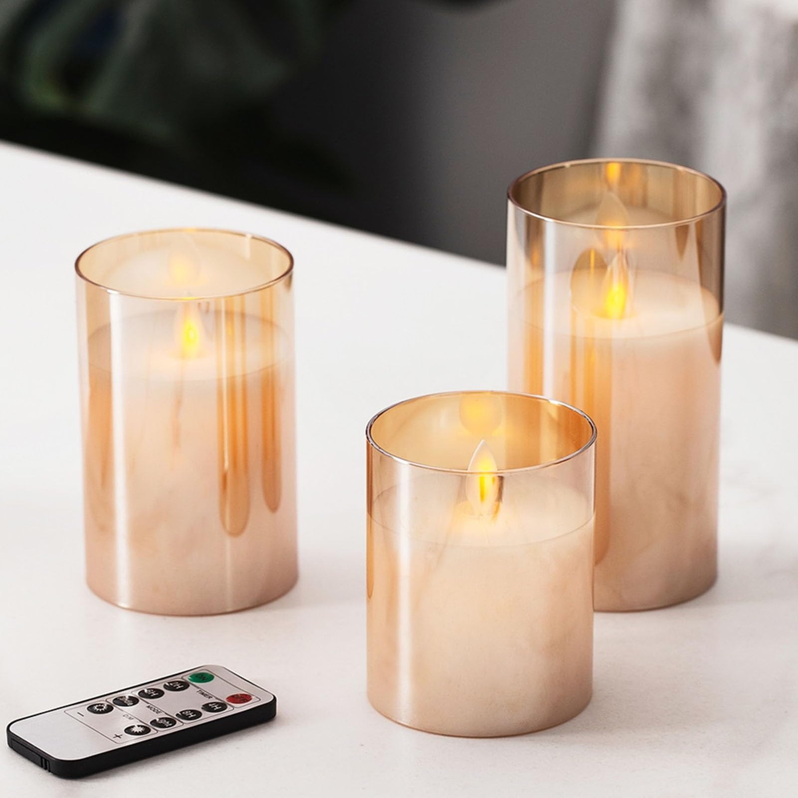 Candela senza fiamma in vetro ricaricabile con timer, telecomando, candela a colonna a LED, paraffina pura, set da 3 (Color : Amber)