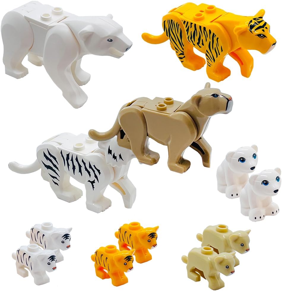 12pcs Animals Mini Figures Friends Sets with Baby Building Block Farm Zoo Animals Toy for Boys Girls 6-7-8-9-10-11-12 Kits Tiger Leopard Bear