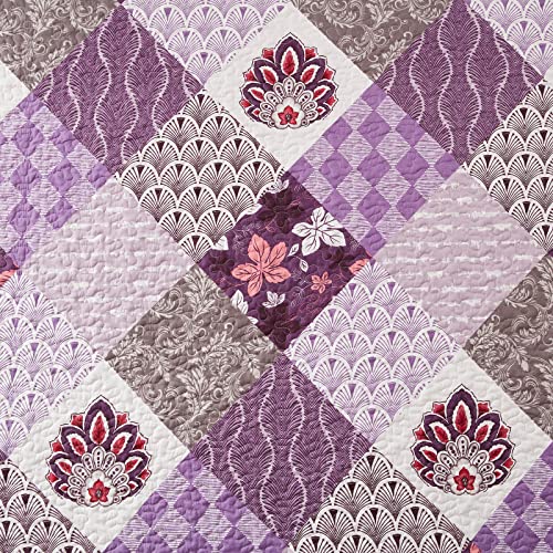 King Size Quilt Set 3 Pieces Lightweight Reversible Bedspread-98''x106'' Soft Patchwork Floral Coverlet Luxurious Warm Microfiber Bed Cover All Seasons Purple Bedding Set(1 Quilt,2 Pillow Shams)