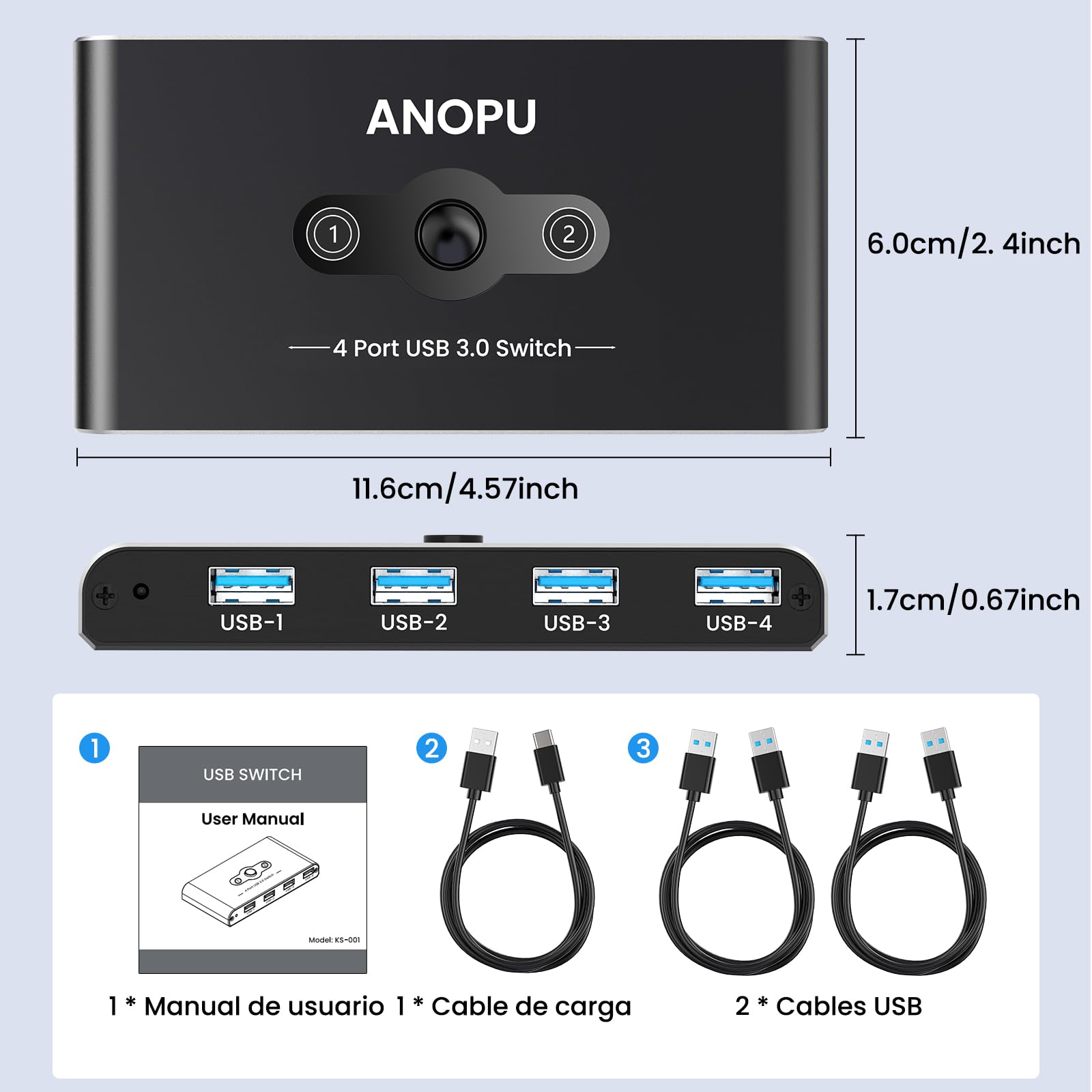 USB Switch, Conmutador KVM USB 2PC USB 3.0 2 Entradas 4 Salidas, 5 Gbps Switch USB Actualizado con 2 Cables USB 3.0 para Impresora, Ratón, Teclado, Disco Duro, Memoria USB, etc.