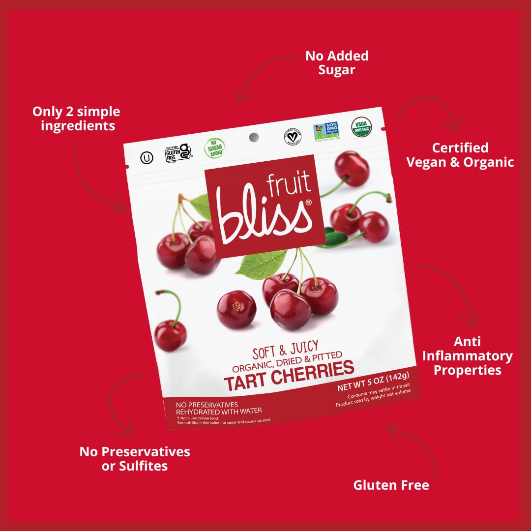 Organic Dried Cherries, Dried Fruit Snacks – Soft & Juicy Pitted Tart Cherry – Organic Fruit Snacks, Natural Dried Fruit Pouches, Non-GMO, Gluten-Free, Vegan Snacks (3 Pack - 4 Oz)