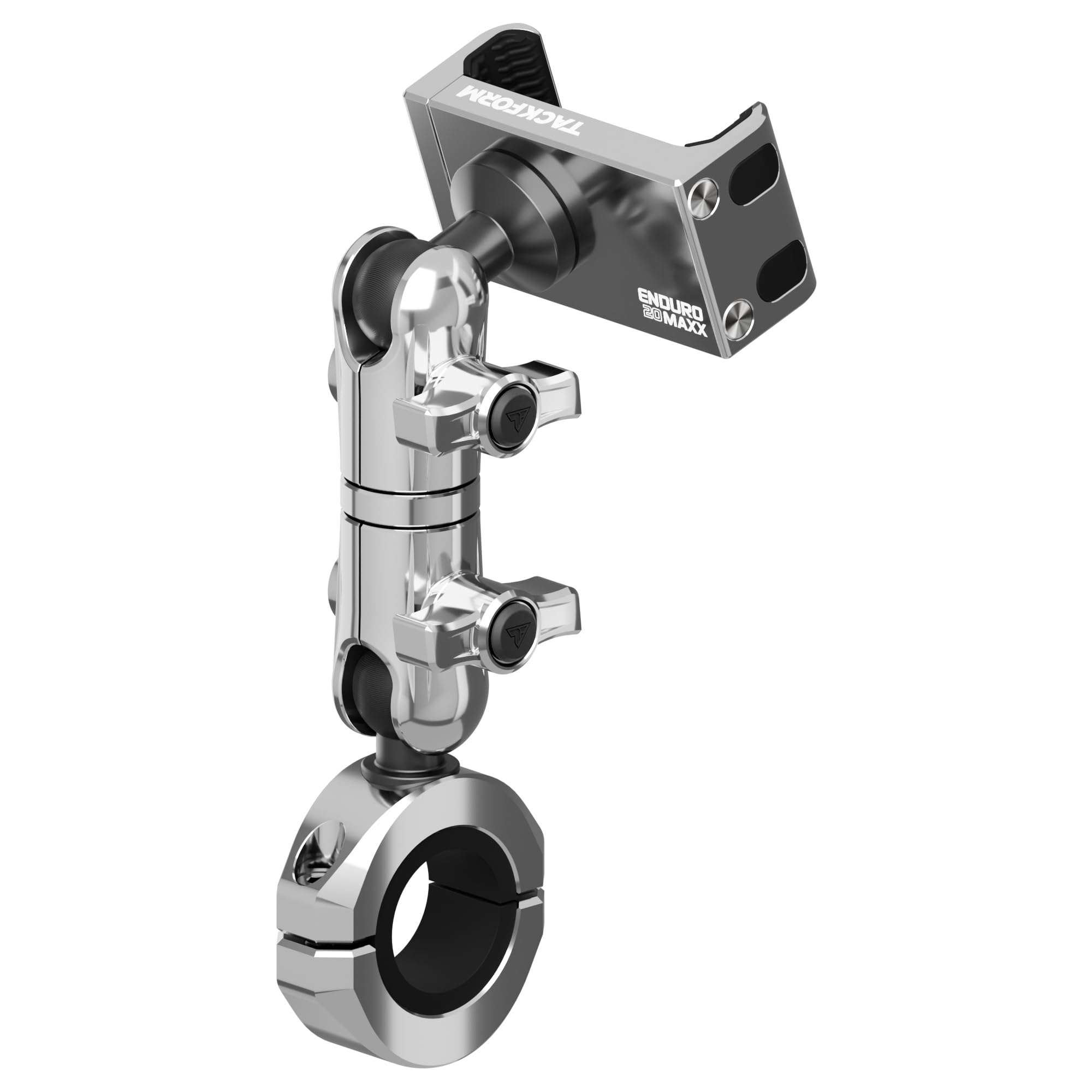Tackform Chrom-Motorrad-Handyhalterung aus Metall, 20 MAXX Federhalterung, 8,9 cm langer Reichweitenarm, Universal-Klemme, passend für 2,2 cm bis 3,8 cm Lenker, Aluminium, kompatibel mit allen iPhones