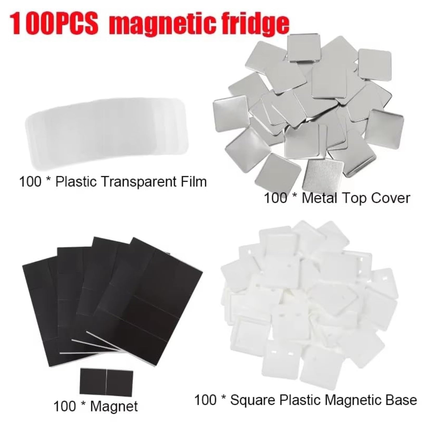 100 zestawów kwadratowych części guzików, DIY maszyna do robienia guzików na lodówkę, materiały magnetyczne 50 * 50 mm kwadratowy zestaw do produkcji magnesów na lodówkę, materiały do ​​produkcji guzi