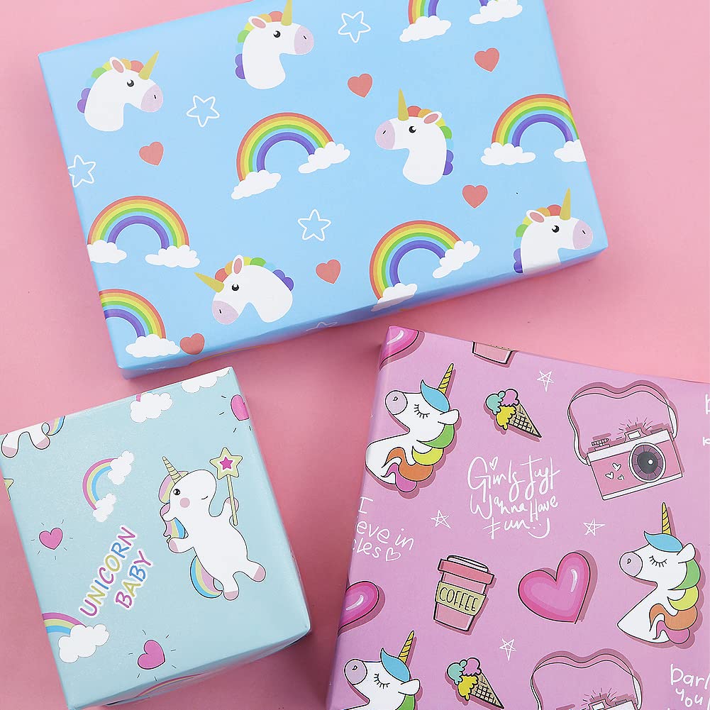 Unicorn Birthday Wrapping Paper - 6 Sheets 20x28 Inches Glossy Gift Wrap For Kids