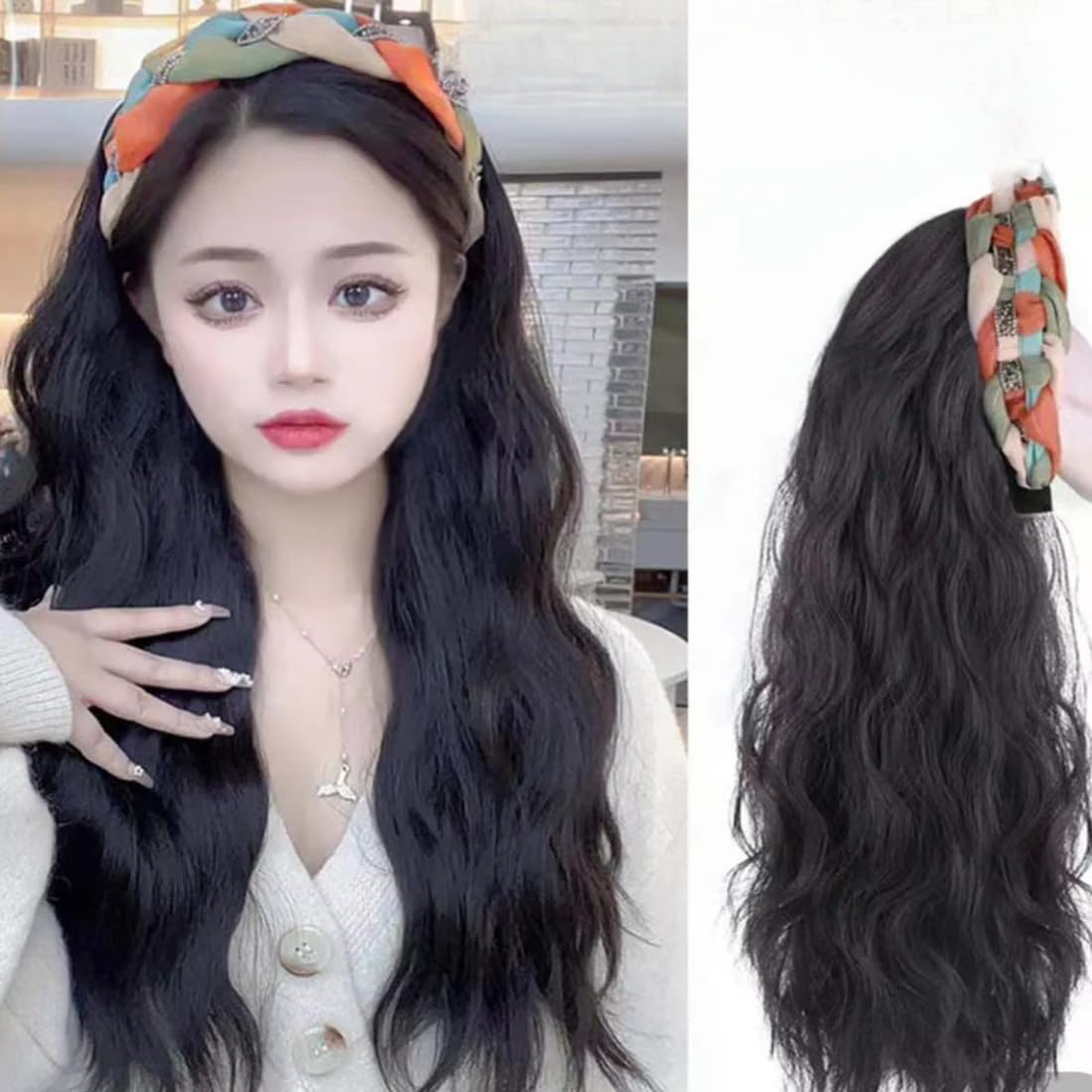 Synthetic Hair Long Hair Curly Hair Half Head Piece Clip In Toppers Hairpiece Hair extension Headband Wig Velcro Replaceable Topper Wiglet for Women Add Hair Volume (Light Brown)